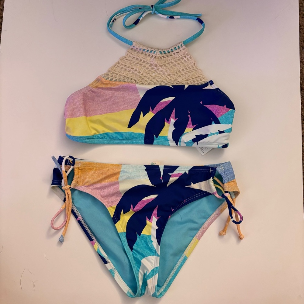 Hobie Girls Tropical Print Bikini with Crochet Neckline (Size 12)